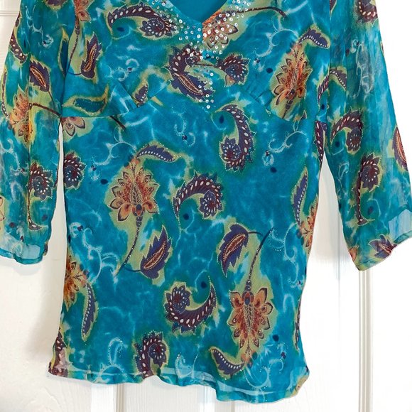Teal Paisley blouse with Sparkle Accents - Picture 2 of 8